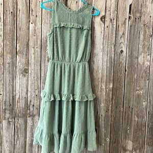 Long, calf length, flowy, textured, high neck dress